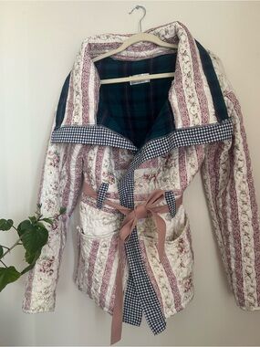 Quilted Floral Belted Jacket in Blush Pink and Cream